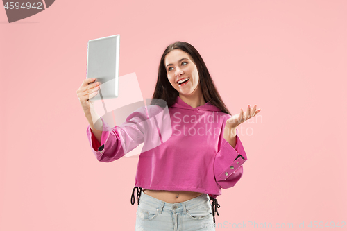 Image of Businesswoman with laptop. Love to computer concept.
