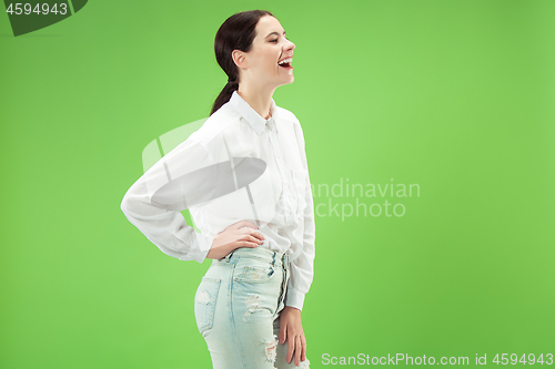 Image of The happy business woman standing and smiling against green background.