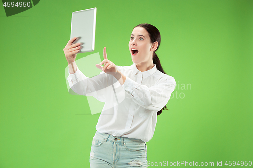 Image of Businesswoman with laptop. Love to computer concept.