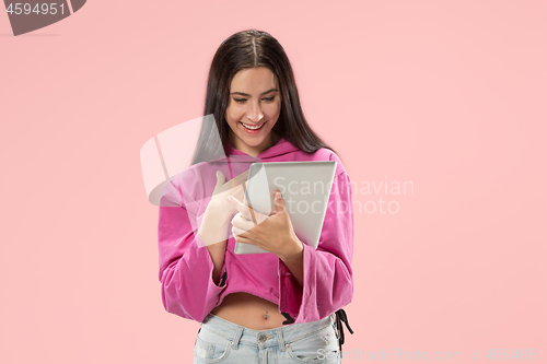 Image of Businesswoman with laptop. Love to computer concept.