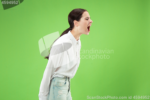 Image of Isolated on green young casual woman shouting at studio