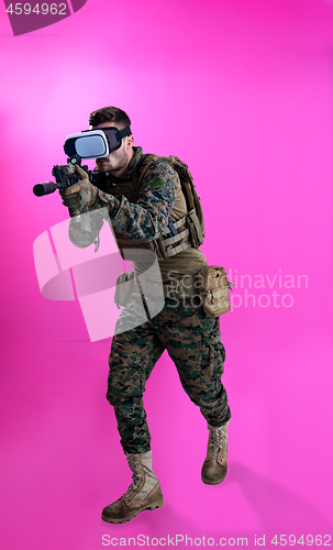 Image of soldier in battle using virtual reality glasses