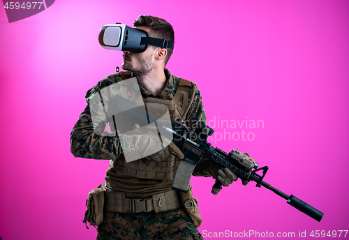 Image of soldier in battle using virtual reality glasses