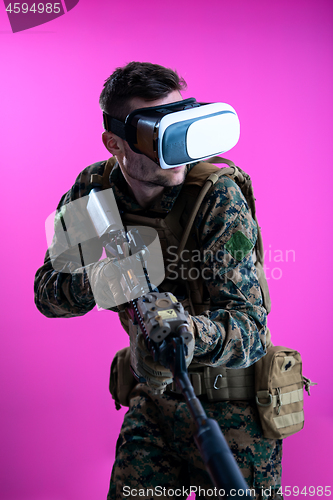 Image of soldier in battle using virtual reality glasses