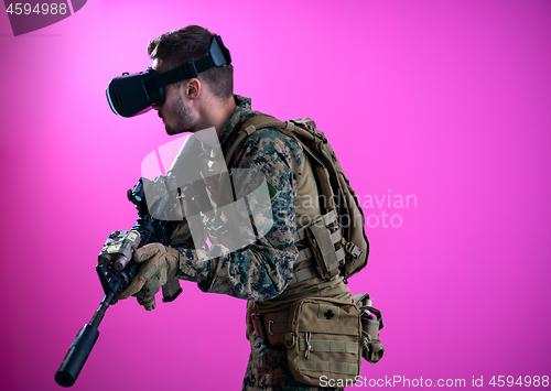 Image of soldier in battle using virtual reality glasses