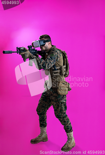 Image of soldier in battle using virtual reality glasses