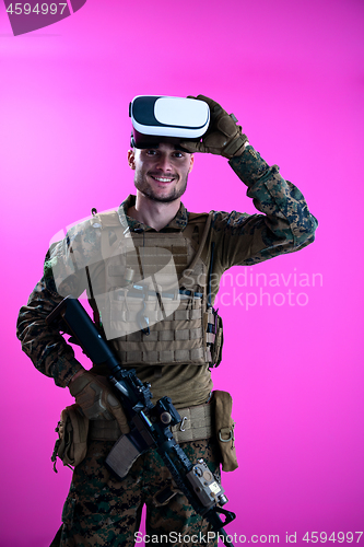 Image of soldier in battle using virtual reality glasses