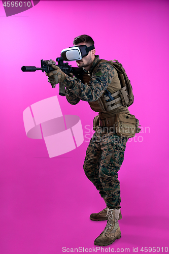 Image of soldier in battle using virtual reality glasses