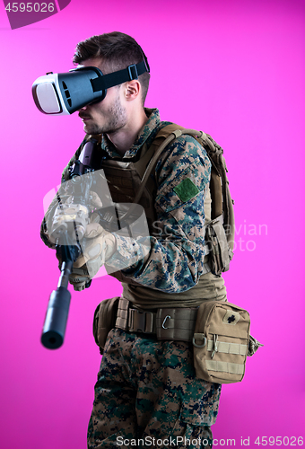 Image of soldier in battle using virtual reality glasses