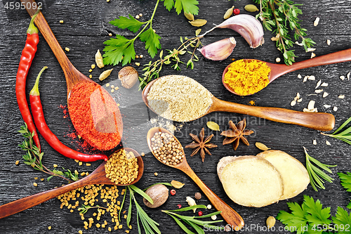 Image of Spices in spoons on black board top