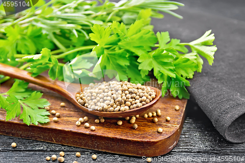 Image of Coriander seeds in spoon on black board