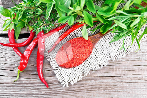 Image of Peppers red powder in wooden spoon on board top