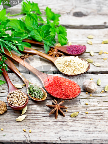 Image of Spices in spoons on old wooden board