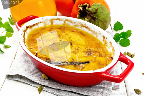 Image of Persimmons baked with honey in pan on board