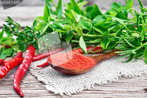 Image of Peppers red powder in wooden spoon on old board