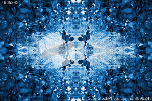 Image of Abstract Floral Seamless Mirror Pattern With Blue Leaves And Web