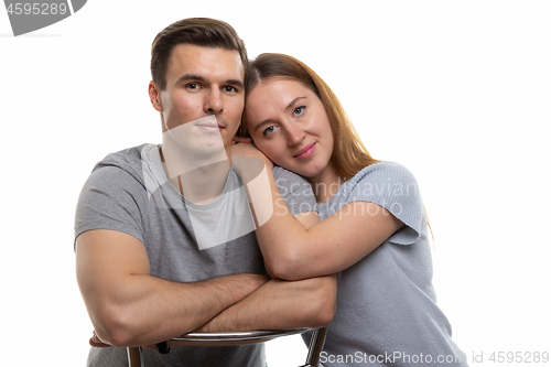 Image of Portrait of a young couple of Europeans, white background