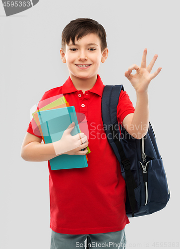 Image of schoolboy with books and school bag showing ok