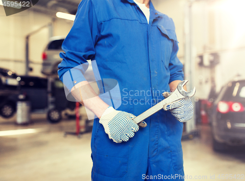 Image of auto mechanic or smith with wrench at car workshop