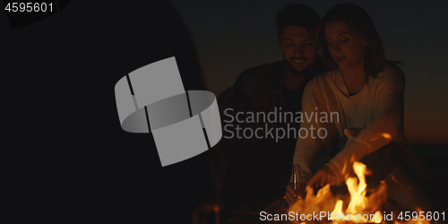 Image of Couple enjoying with friends at night on the beach