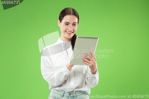 Image of Businesswoman with laptop. Love to computer concept.