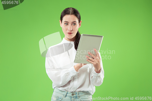 Image of Businesswoman with laptop. Love to computer concept.