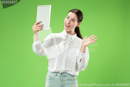 Image of Businesswoman with laptop. Love to computer concept.