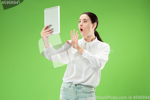 Image of Businesswoman with laptop. Love to computer concept.