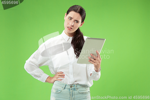 Image of Businesswoman with laptop. Love to computer concept.