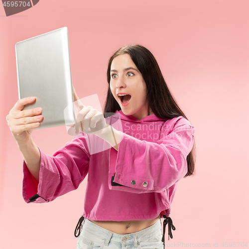 Image of Businesswoman with laptop. Love to computer concept.
