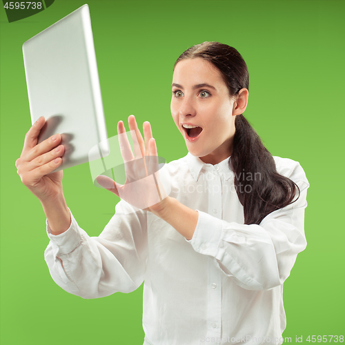 Image of Businesswoman with laptop. Love to computer concept.