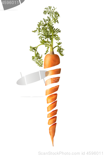 Image of Cut fresh juice natural carrot root with green leaf.