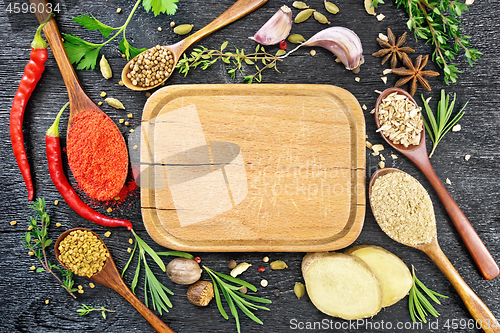 Image of Frame of spices and herbs with plate on black board top