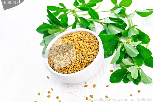 Image of Fenugreek with green leaves in bowl on light board