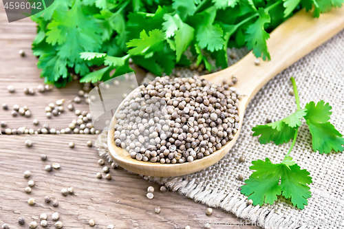 Image of Coriander seeds in wooden spoon on old board