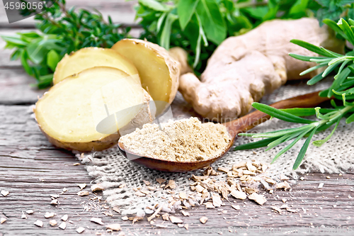 Image of Ginger ground in spoon with root on board