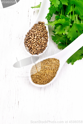 Image of Coriander ground and seeds in spoons on board top