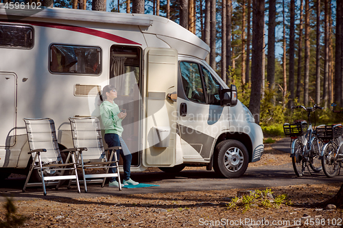 Image of Family vacation travel RV, holiday trip in motorhome