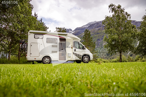 Image of Family vacation travel RV, holiday trip in motorhome