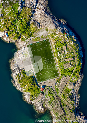 Image of Football field stadium in Henningsvaer from above.