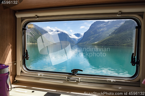 Image of View from the window of the motorhome RV Caravan on the beautifu