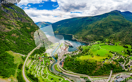 Image of Aurlandsfjord Town Of Flam at dawn.