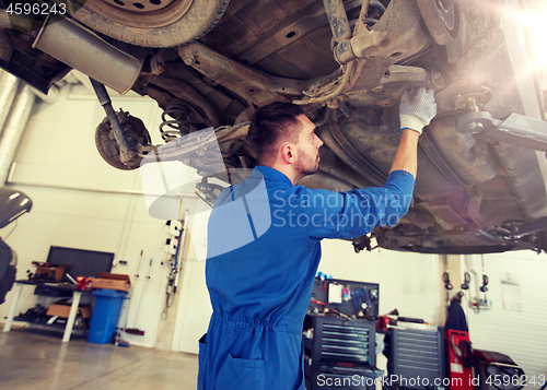 Image of mechanic man or smith repairing car at workshop