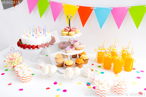 Image of food and drinks on table at birthday party