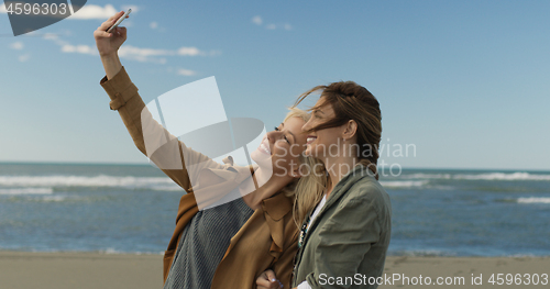 Image of Girls having time and taking selfie on a beach