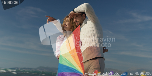 Image of Happy couple having fun with kite on beach