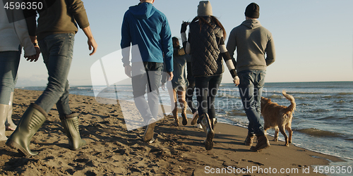 Image of Group of friends having fun on beach during autumn day