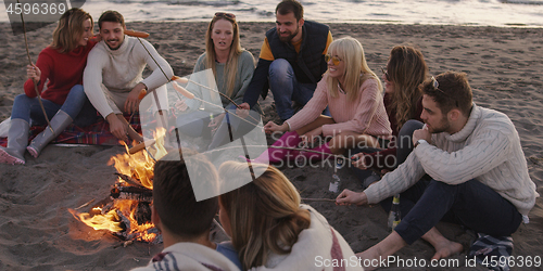 Image of Group Of Young Friends Sitting By The Fire at beach