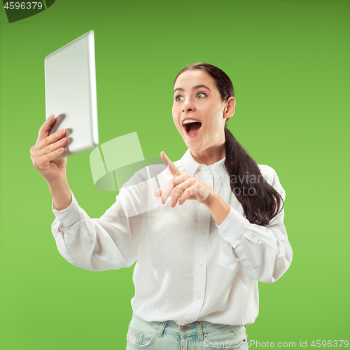 Image of Businesswoman with laptop. Love to computer concept.