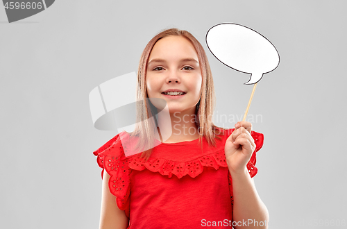 Image of smiling girl in red holding blank speech bubble